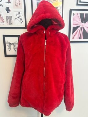 Red Faux Fur Hooded Jacket - Women's Plush Coat